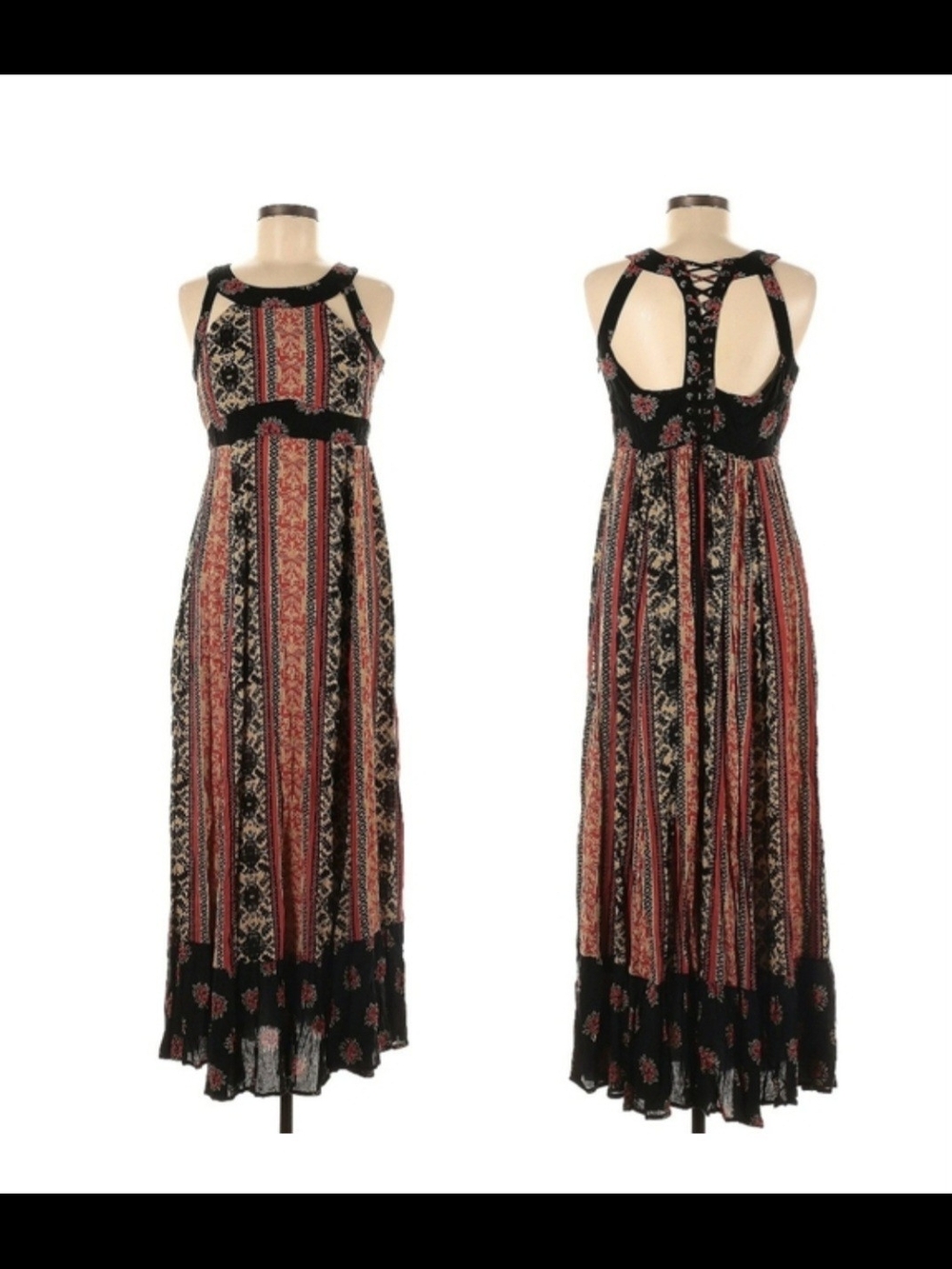 Boho Free People Floral Stripe Maxi Dress in Black and Rust